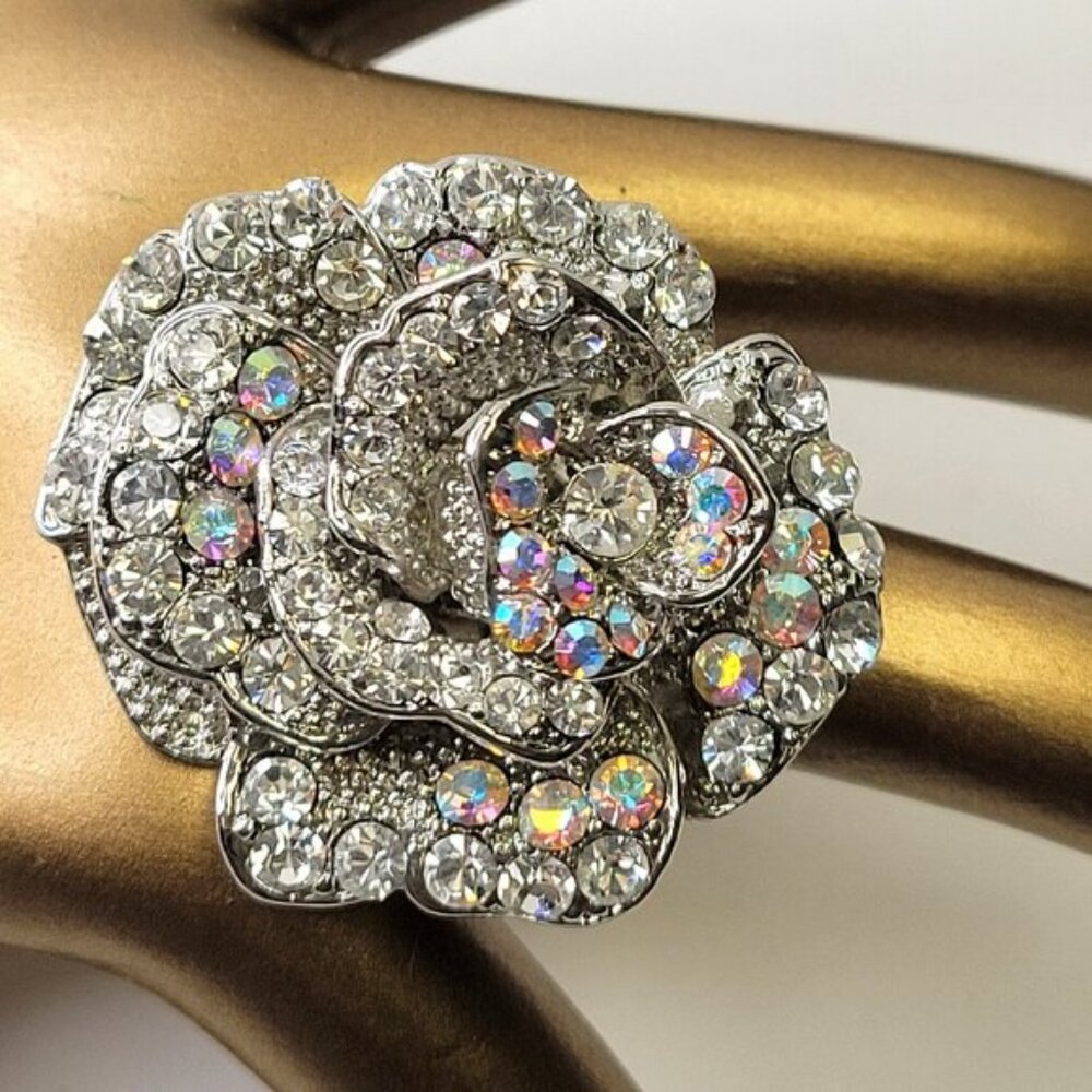 Statement Silver and Clear Rhinestone Ring with Adjustable Band